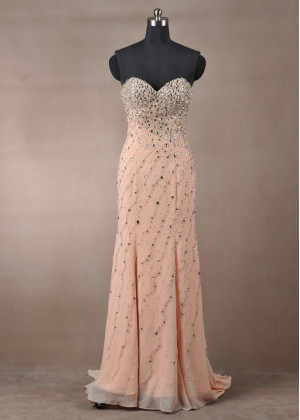 Beaded Sweetheart Neck Peach Chiffon Long Evening Dress